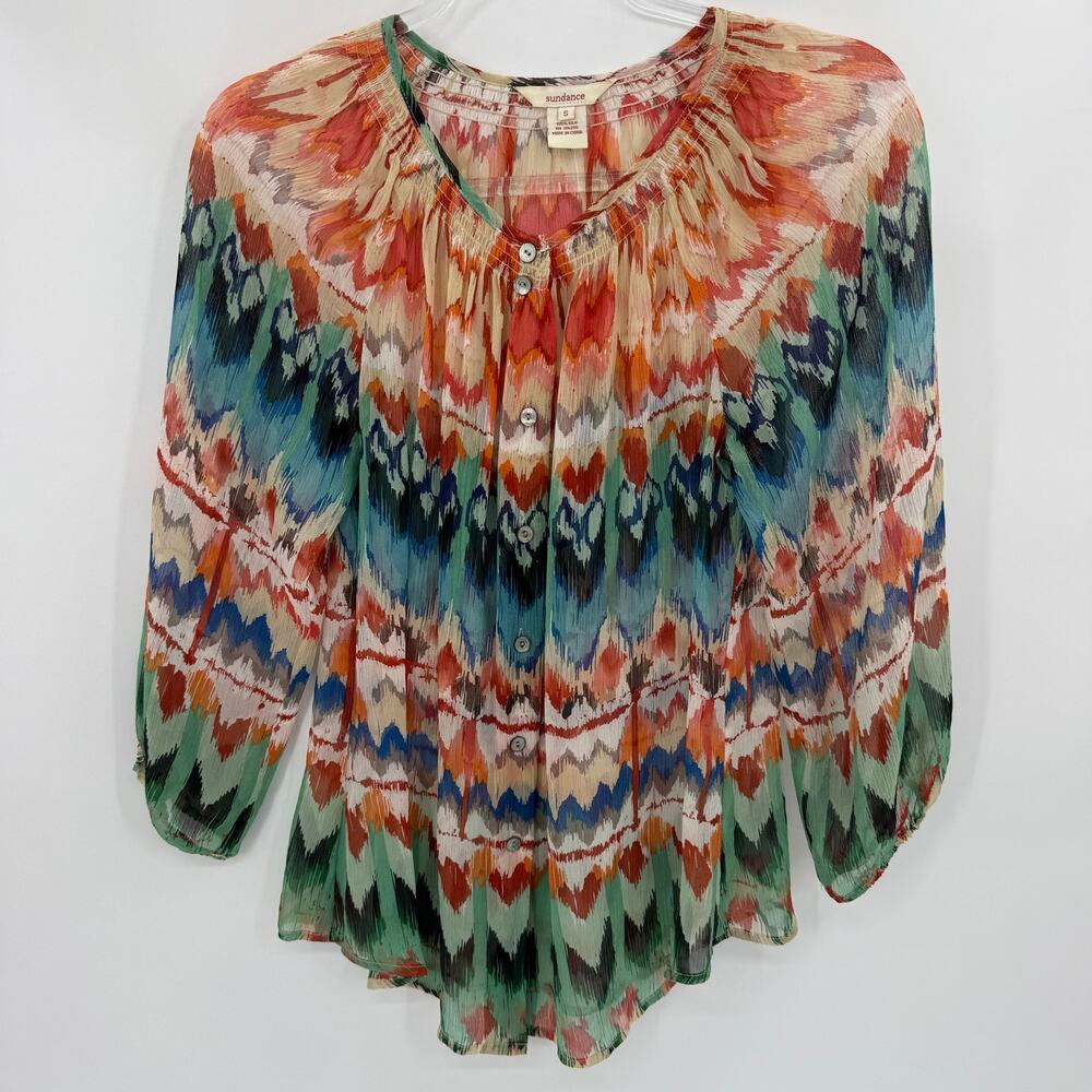 SUNDANCE Womens Silk Chiffon Sheer Blouse Size S Southwestern Print 3/4 Sleeve